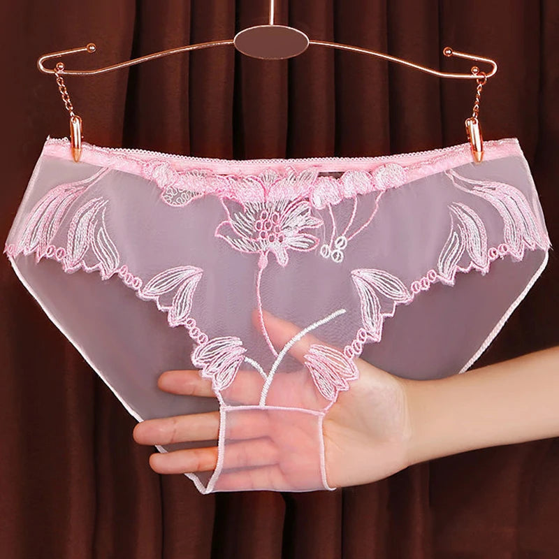 3PCS Solid Full Mesh Sexy Briefs Embroidered Floral Transparent Panties Plus Size Seamless Underwear Low Waist Erotic Lingerie