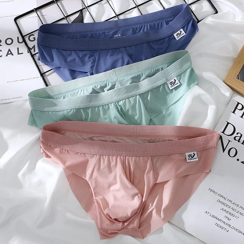 3Pieces/lot Breathable Low Waist Men's Ice Silk Briefs Seamless Shorts Sexy Underwear
