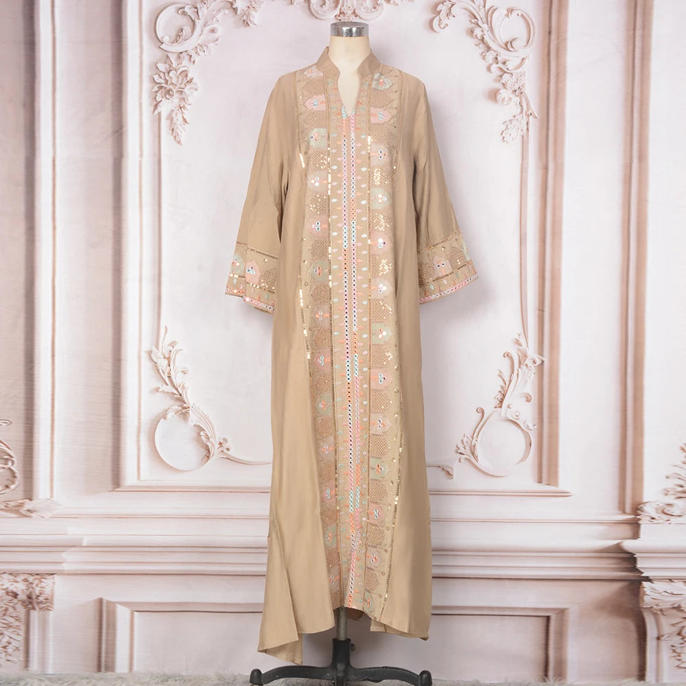 2025 Muslim Women Long Sleeve Kaftan Arabic Sequins Embroidered Party Evening Long Abaya Muslim Fashion Dresses Abaya Dubai