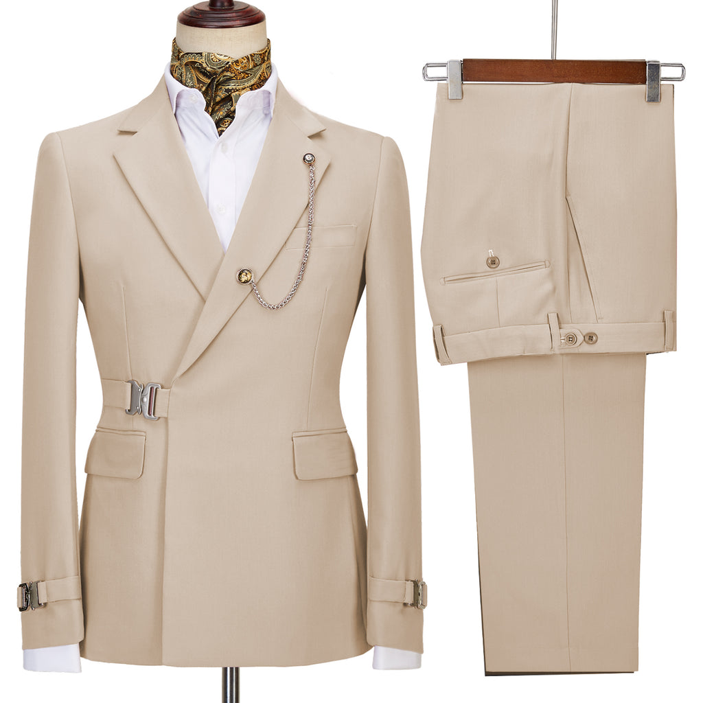 Elegant Men's Suit 2 Pieces Fashion Metal Buckle Jacket Boutique Business Casual Suit Coat Groom Wedding Dress (Blazers+Pants)