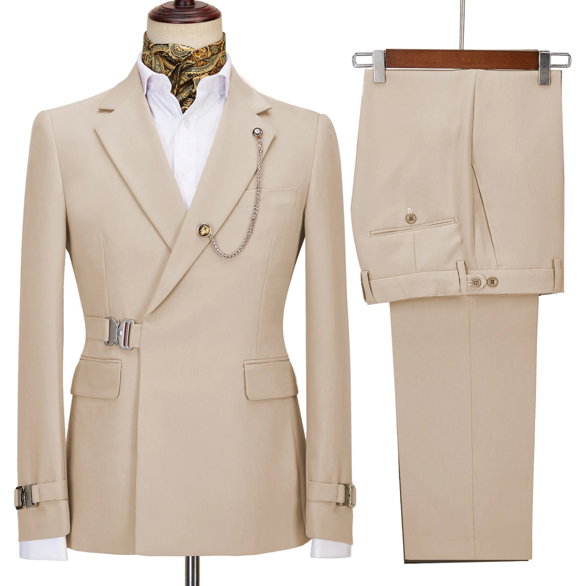 Elegant Men's Suit 2 Pieces Fashion Metal Buckle Jacket Boutique Business Casual Suit Coat Groom Wedding Dress (Blazers+Pants)
