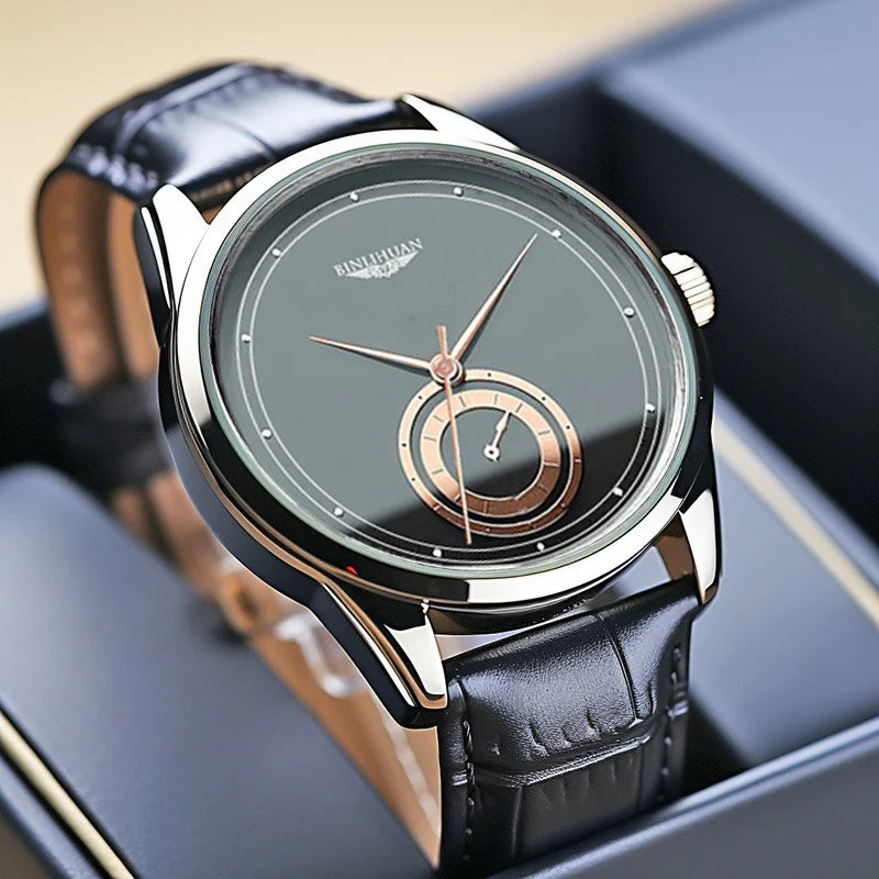 Fashion Men Business Black Leather Quartz Analog Watches Daily Valentine's Gift Graduation Gift For School