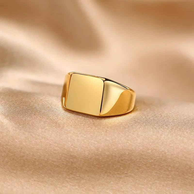 Elegant Personalized Name Bar Ring for Women Gold Color Stainless Steel Signet Stamp Ring Round Square Initial Custom Jewelry