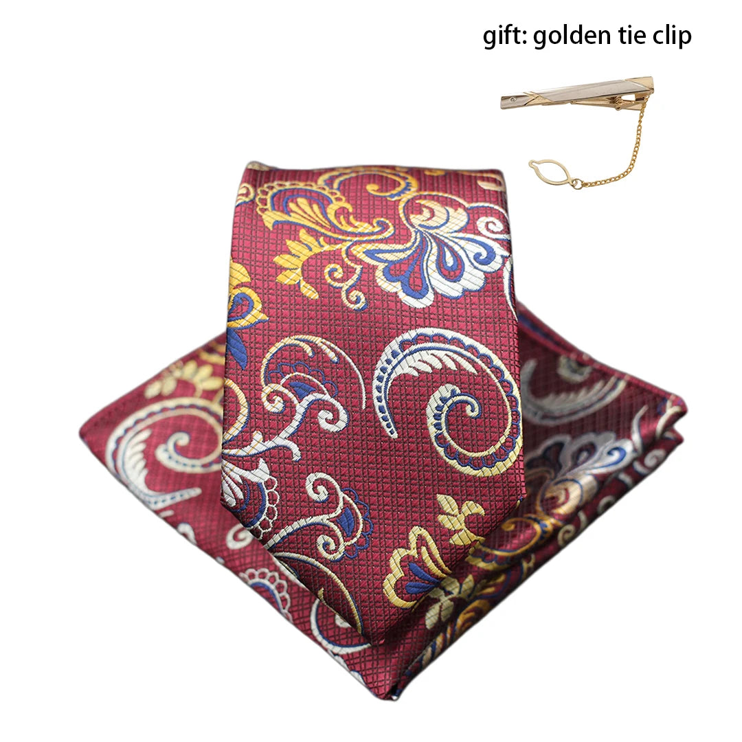 Mens Gift Tie Set Exquisite Red Jacquard Wine Burgundy Paisley Wedding Tie For Men Fashion Design Quality Hanky Dropshipping