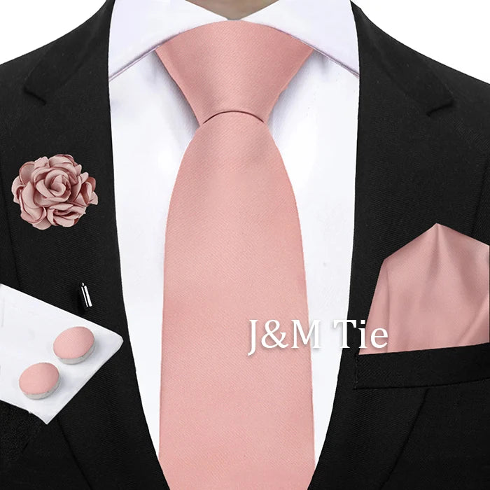 Mens Ties Solid NeckTie Pocket Square Brooch Set Men's Wedding Pink Blue Purple Tie Suit Accessories Fit Group Holiday Party