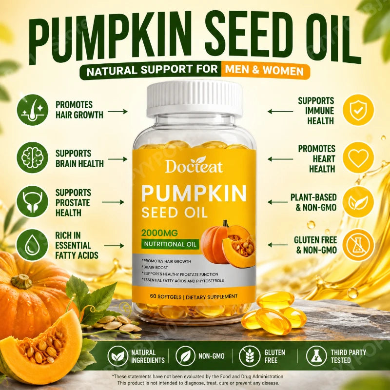 Docteat Pumpkin Seed Oil Softgels 2000mg Natural Source of Essential Fatty Acids Plant-Based Daily Nutrition Support 60 Count