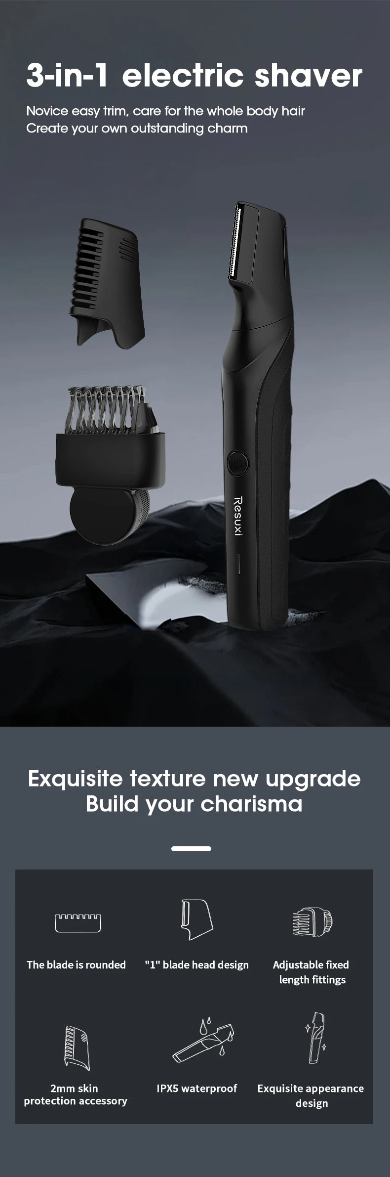 RESUXI T3 Men's 3 in 1 Multifunctional Electric Body Hair Trimmer Full Body Washable Shaver Portable Pubic Hair Clipper Razor