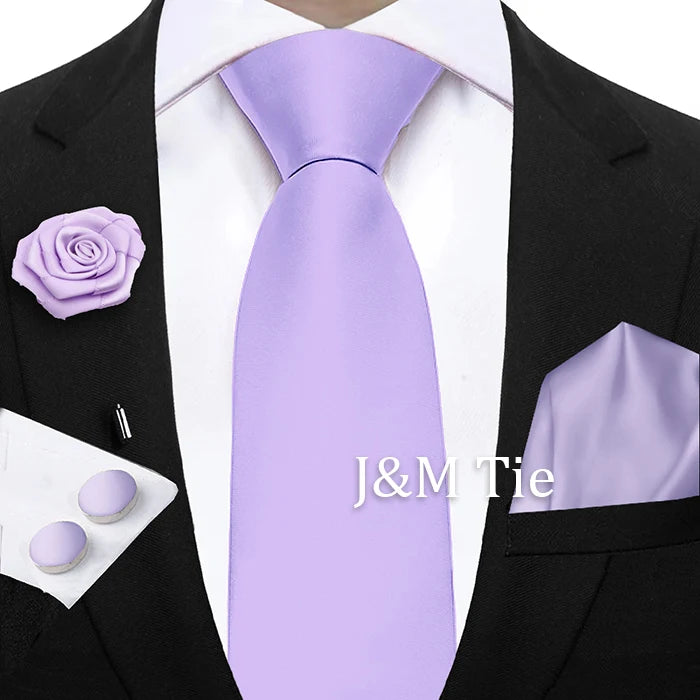 Mens Ties Solid NeckTie Pocket Square Brooch Set Men's Wedding Pink Blue Purple Tie Suit Accessories Fit Group Holiday Party