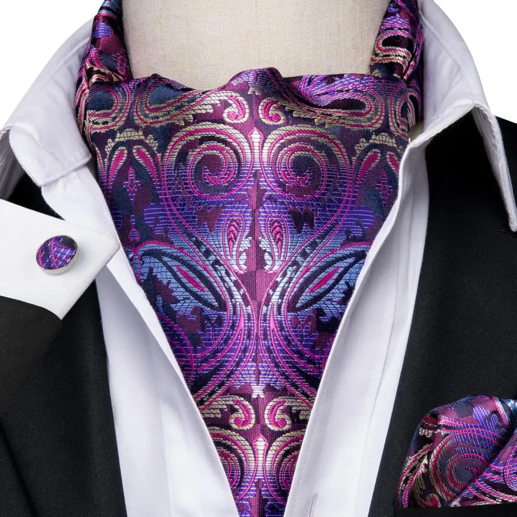 Hi-Tie Mens Ascot Black Pink Blue Red Gold Green Purple White Cravat Tie Hanky Cufflinks for Male Wedding Business Prom