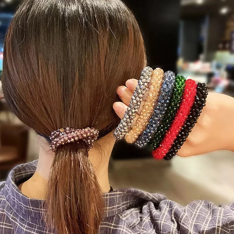 Crystal Beads Hair Ties for Women Vintage Ponytail Scrunchies Elastic Hair Bands Glass Beaded Rubber Hair Rope Accessories