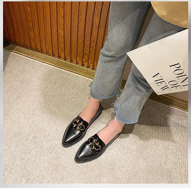 New Women Pointed Toe Leather Casual Shoes British Style Dress Shoes Fashion Cool Slip-on Loafers