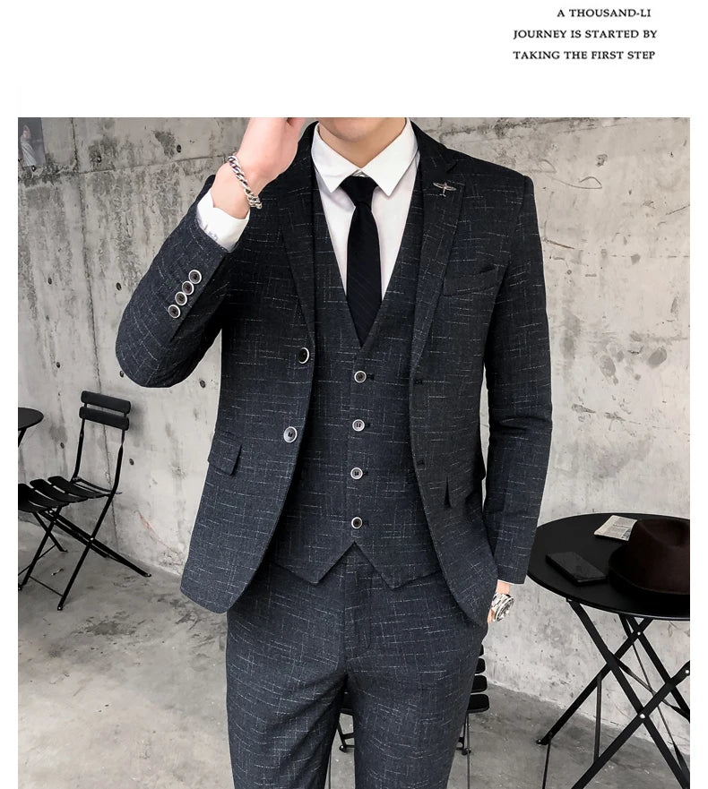 Men's Business Fitted Two-Button Suit Set Fashionable Versatile Trendy Three-Piece Ensemble for Groom Best Man Banquet Dress