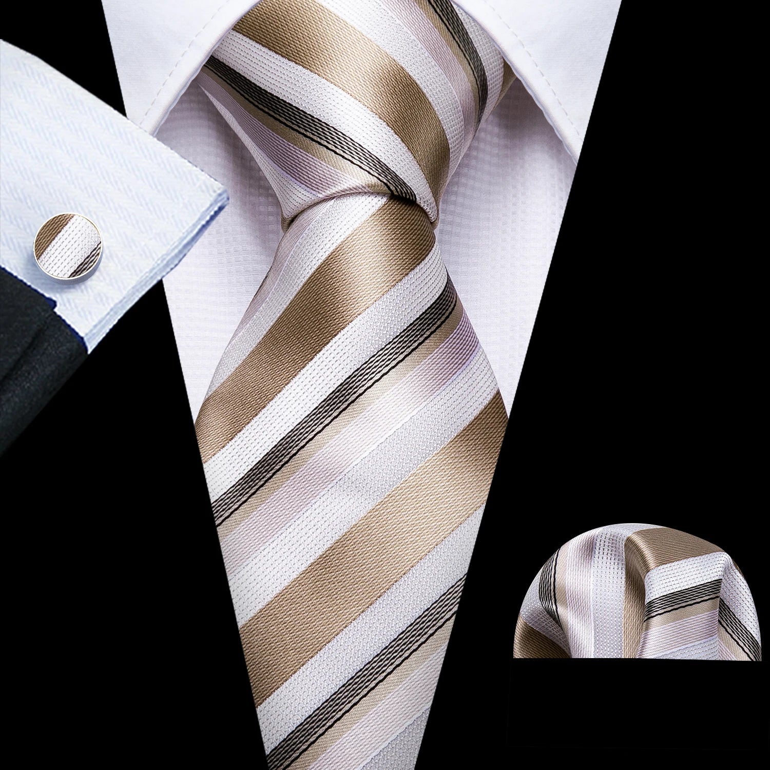 Fashion Khaki Striped Men Silk Necktie Fahsion Tie Handkerchief Cufflinks Sets Male Wedding Business Gift Barry.Wang Stylish