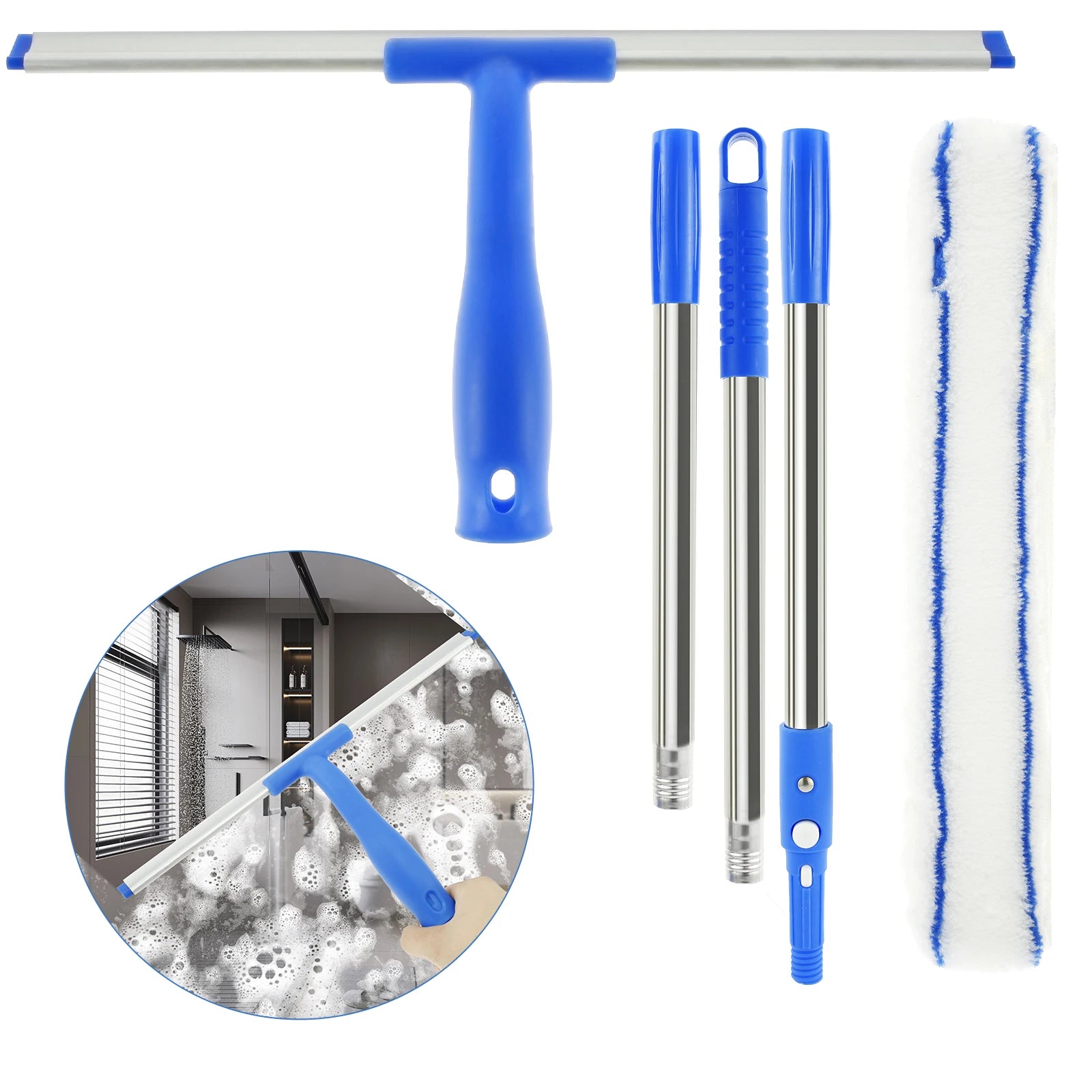 3 in 1 Glass Brush Windows Cleaner Squeegee with 53in Long Hand Professional Household Window Water Stain Cleaning Tool for Bath