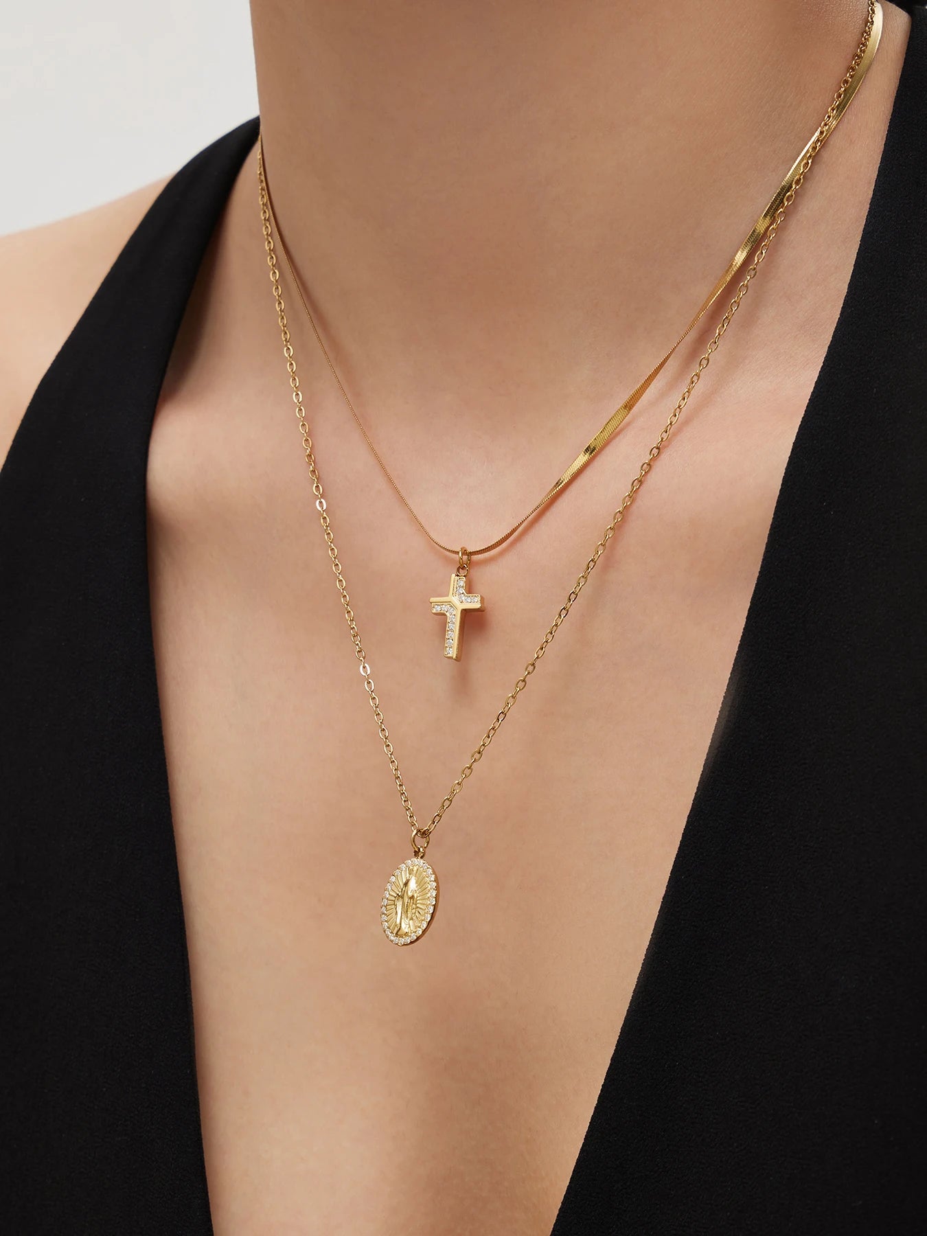Liora Chic Cubic Zirconia Cross Pendant Necklaces For Women Double Chain Stainless Steel Mujer Choker Fashion Party Jewelry