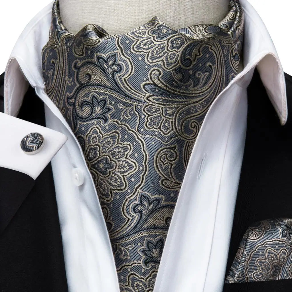 Hi-Tie Mens Ascot Black Pink Blue Red Gold Green Purple White Cravat Tie Hanky Cufflinks for Male Wedding Business Prom