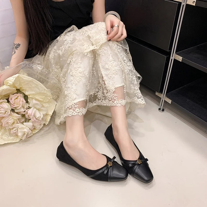 Women's Dance Shoes, Lightweight Breathable Square Toe Bow Flats, PU Leather Office Dress Shoes for Banquet, Date & Party