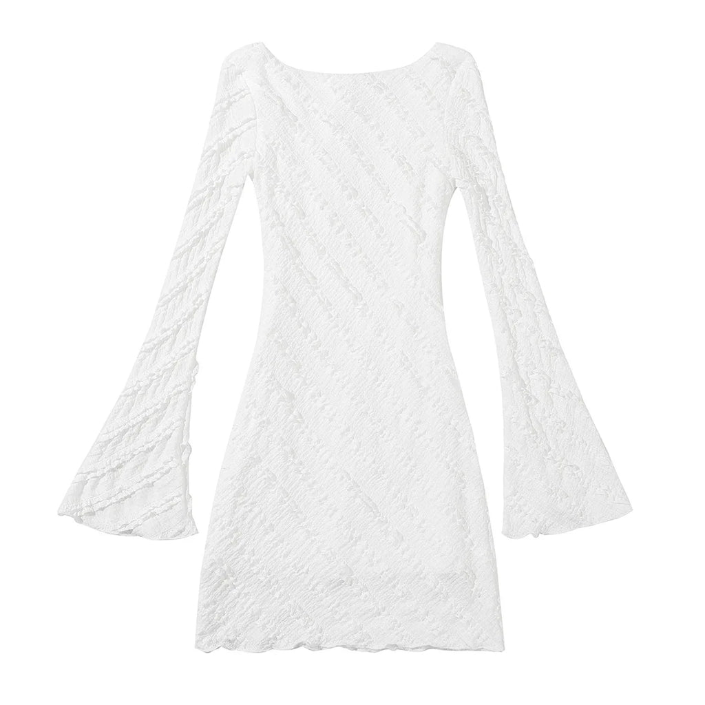Women's Dress, White Knitted Fabric, Boat Collar A-word Short Skirt, Backless Lace-up.