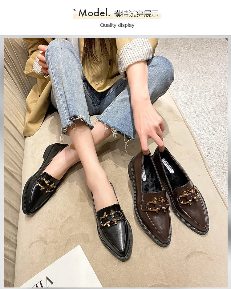 New Women Pointed Toe Leather Casual Shoes British Style Dress Shoes Fashion Cool Slip-on Loafers