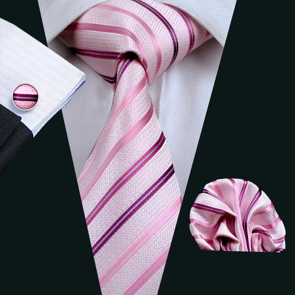 Fashion Khaki Striped Men Silk Necktie Fahsion Tie Handkerchief Cufflinks Sets Male Wedding Business Gift Barry.Wang Stylish