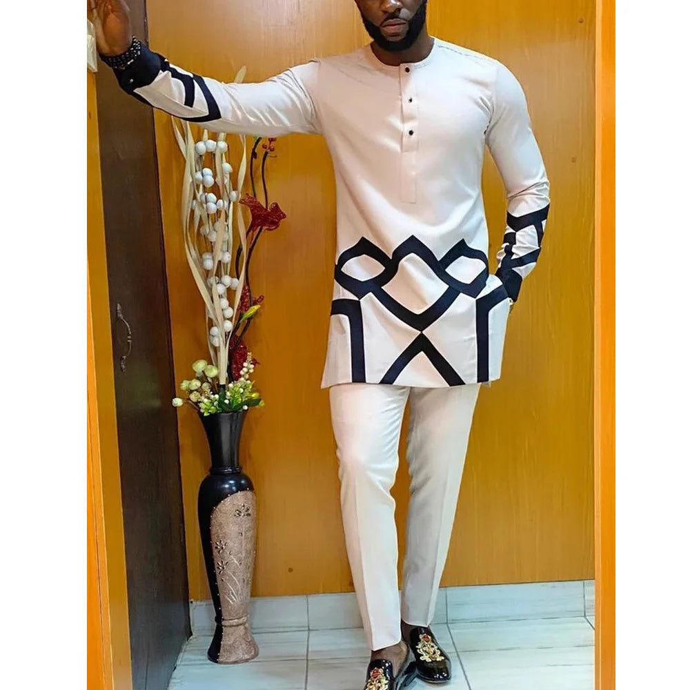 African traditional dress men's suit Long sleeve ethnic style printed patchwork shirt casual pants 2 piece holiday casual suit