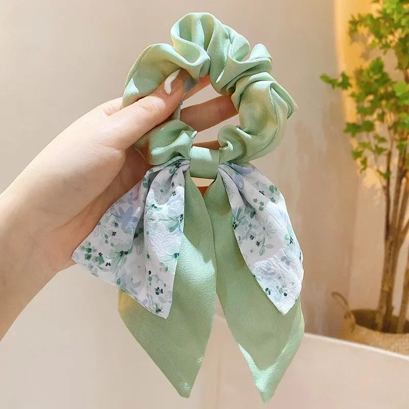 New Floral Print Bow Elastic Hair Bands Women Hair Ties Women Elegant Ribbon Rubber Band Headwear Girls Women  Hair Accessories