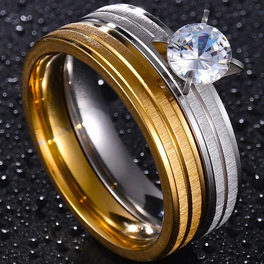 Couple Rings - Women Exquisite Rhinestones Zirconia Rings Set Simple Stainless Steel Men Ring Fashion Jewelry For Lover Gifts