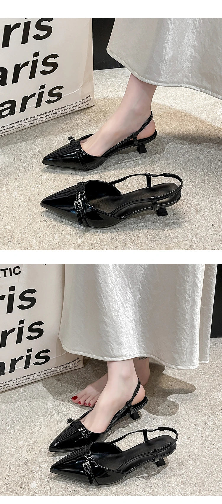 2026 New Summer Women's Dress Shoes Patent Leather Slip on Pointed Toe Sandals Buckle Slingbacks Mid Heels Pumps Sandalias Mujer