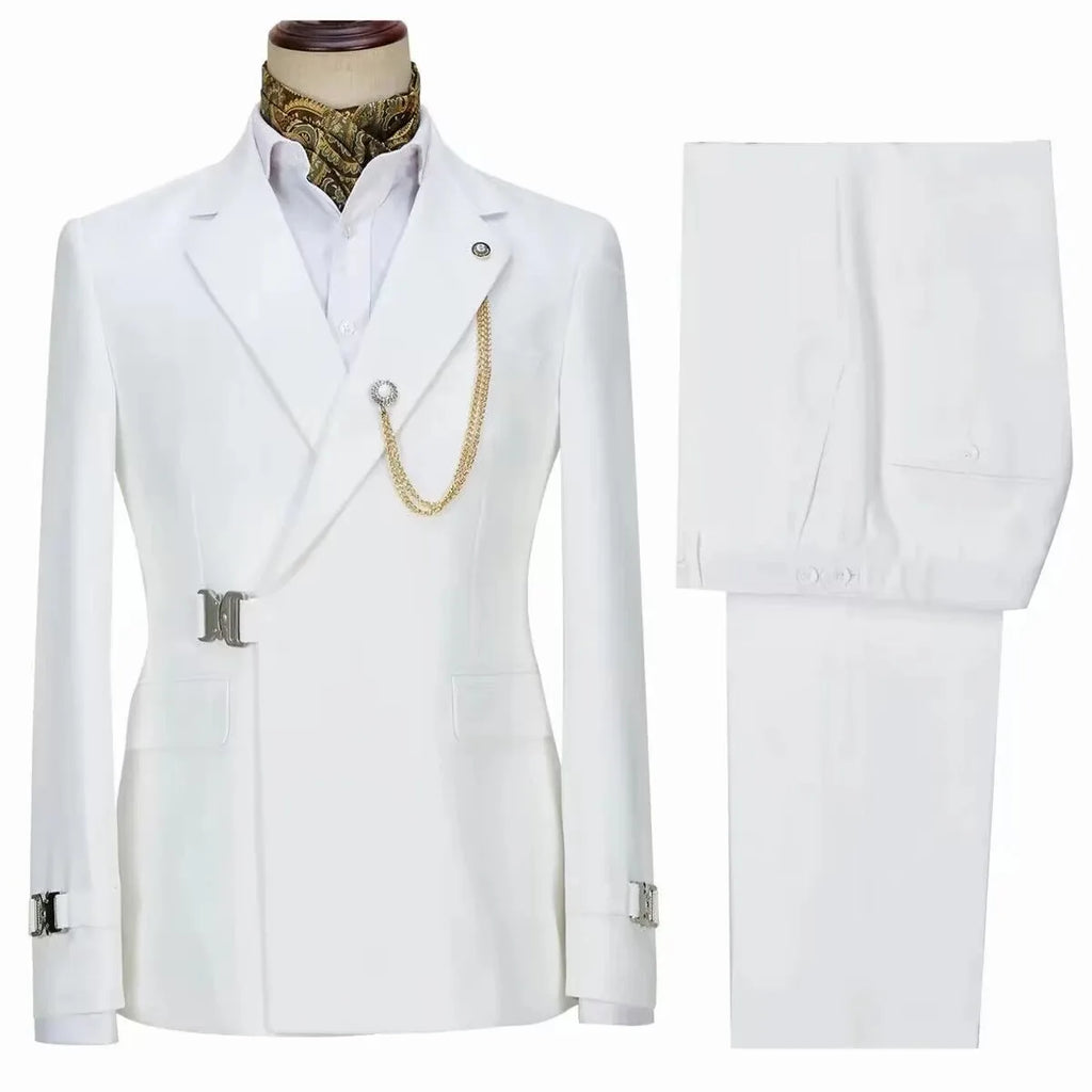 Elegant Men's Suit 2 Pieces Fashion Metal Buckle Jacket Boutique Business Casual Suit Coat Groom Wedding Dress (Blazers+Pants)