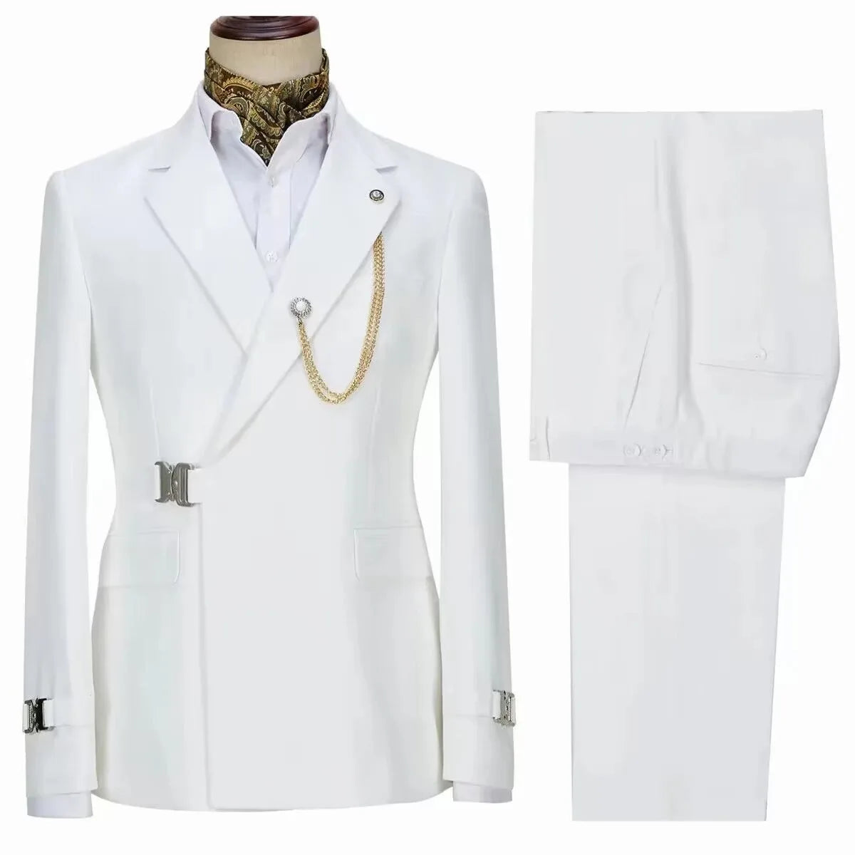 Elegant Men's Suit 2 Pieces Fashion Metal Buckle Jacket Boutique Business Casual Suit Coat Groom Wedding Dress (Blazers+Pants)