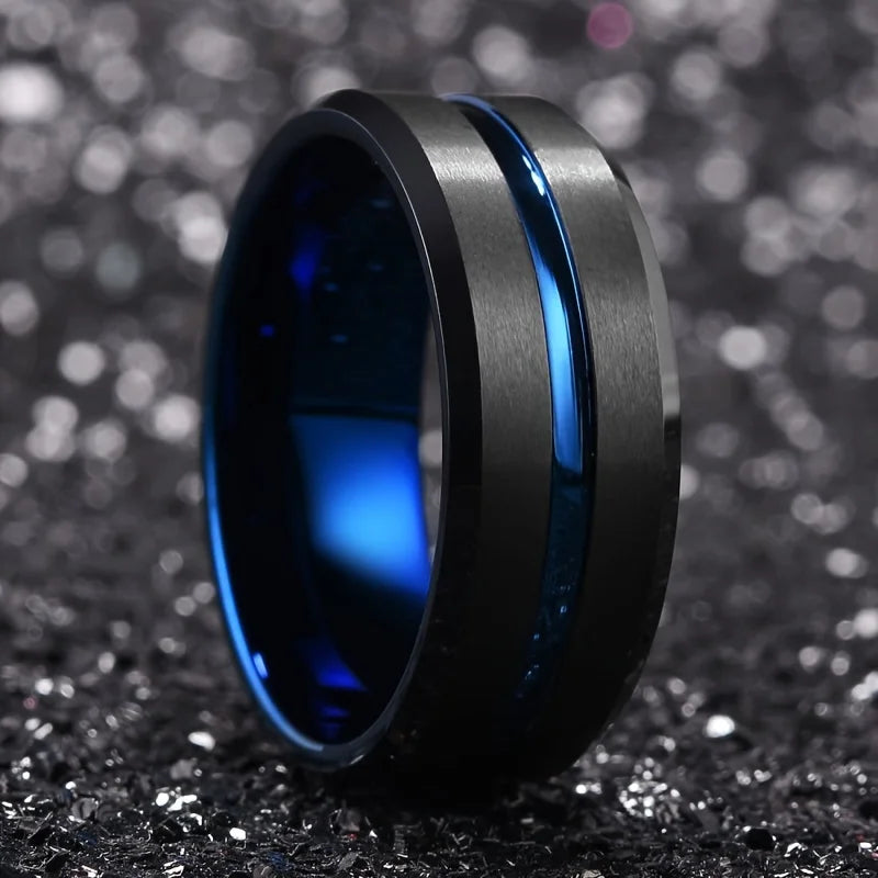 8mm Trendy Stainless Steel Rings For Men Jewelry Party Gift Fashion Black Carbon Fiber Golden Heart Rate Line Men Rings