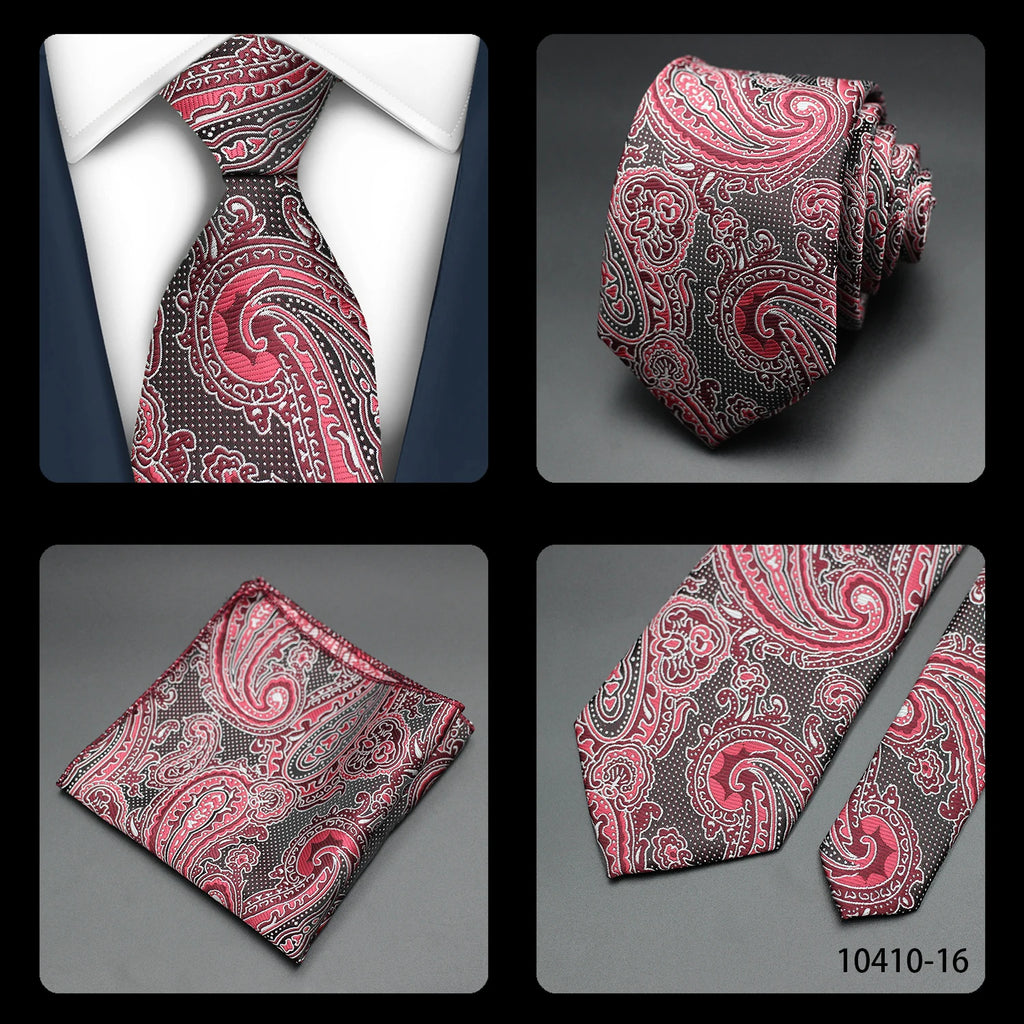 Mens Gift Tie Set Exquisite Red Jacquard Wine Burgundy Paisley Wedding Tie For Men Fashion Design Quality Hanky Dropshipping