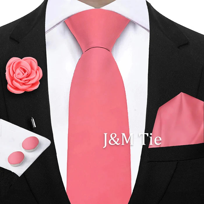 Mens Ties Solid NeckTie Pocket Square Brooch Set Men's Wedding Pink Blue Purple Tie Suit Accessories Fit Group Holiday Party