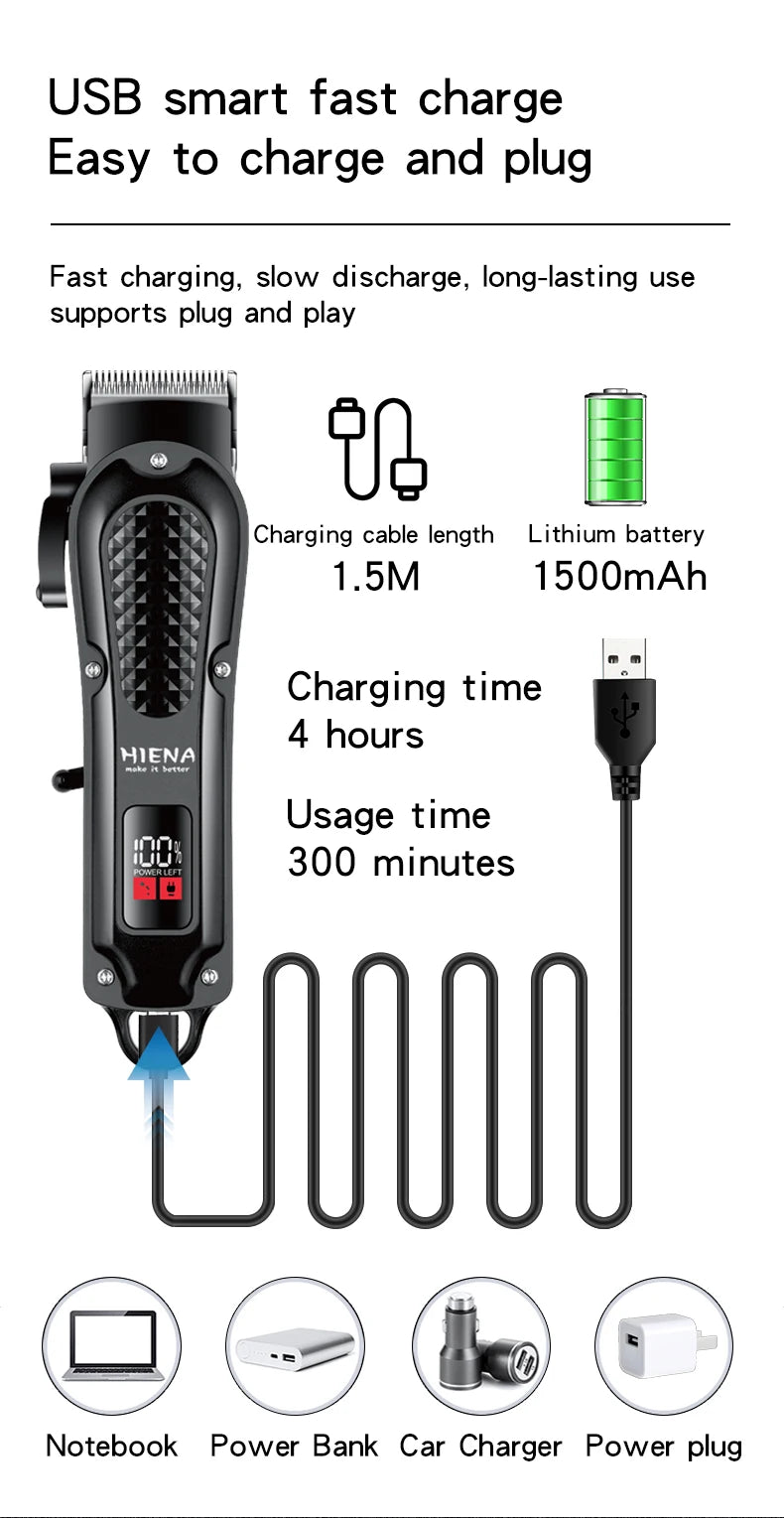 Hiena HYN-212 Electric Hair Clipper UBS Rechargeable Cordless Beard Trimmer Men Powerful Electric Hair Clipper Trimming Tool