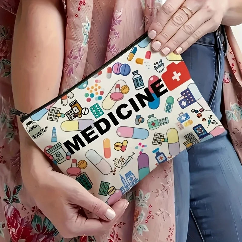 Medicine-Themed Cosmetic Travel Bag - Foldable Zippered Makeup Organizer, Gift for Healthcare Professionals, Cosmetic Bag