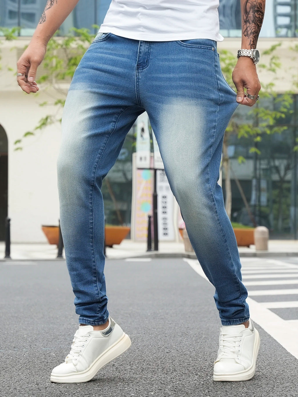Jeans Pants Clothing Denim Trousers Men's Summer Lightweight Skinny Gradient Wash Stretch Denim Jeans for Male