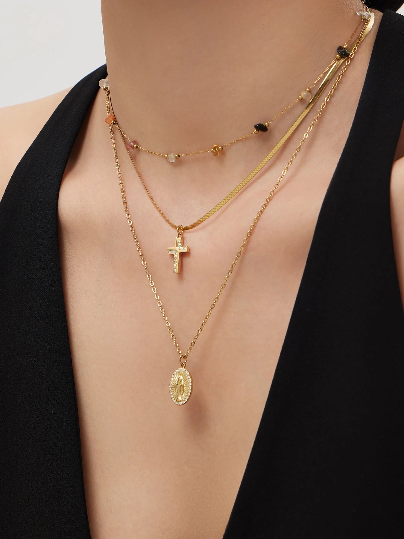Liora Chic Cubic Zirconia Cross Pendant Necklaces For Women Double Chain Stainless Steel Mujer Choker Fashion Party Jewelry