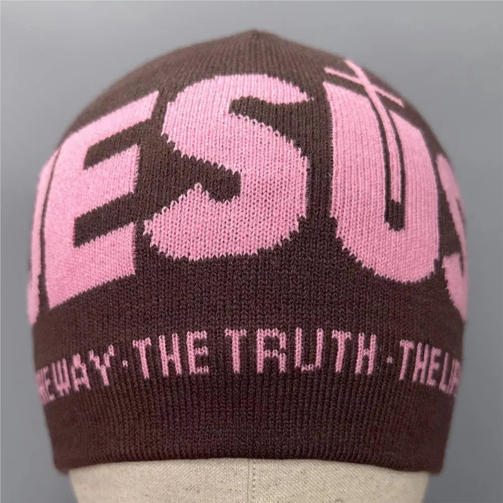 Y2k Women Jacquard Alphabet JESUS Knit Beanies Hat Men Letter Winter Fashion Kpop Goth Warm Hip Hop Thermal Unisex Pullover Hat