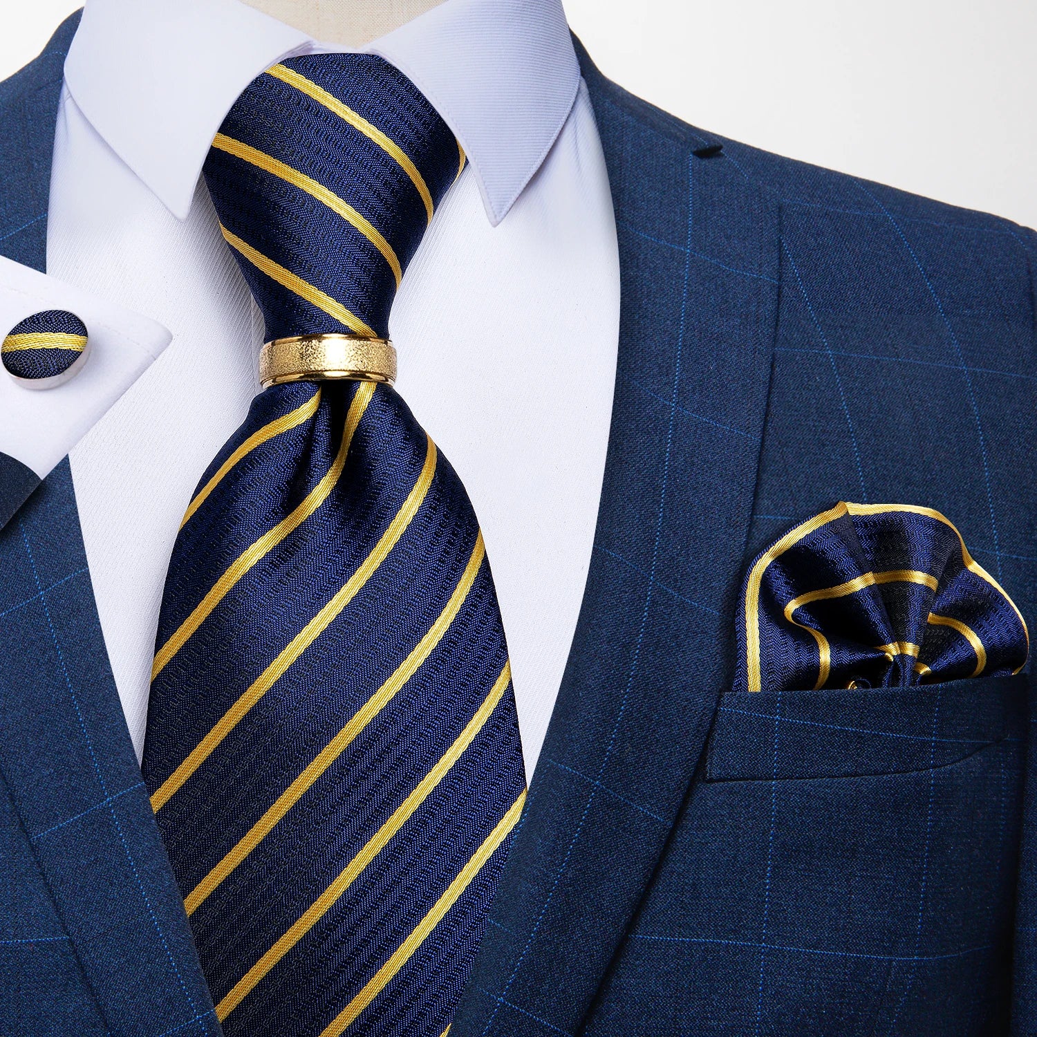 Men Tie with Golden Color Metal Ring Fashion 8cm Tie Set Handkerchief Cufflinks Business Wedding Party Accessories Gift for Men