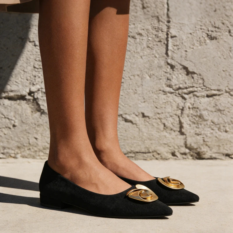 Elegant Office Women's Dress Shoes 2026 Summer New Black Shallow Pointed Toe Fashion Metal Flower Comfortable Ladies Flats