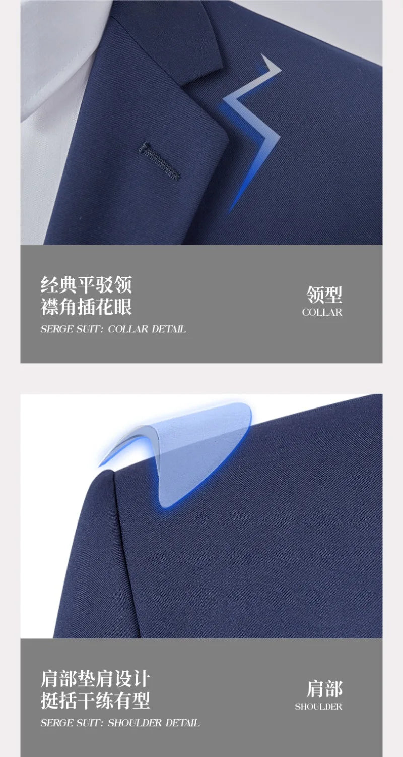 Men's Formal Business Suit Set Black Grey Blue Blazer Pants 2 Piece Work Wear For Office Sales Property 4S Store Staff