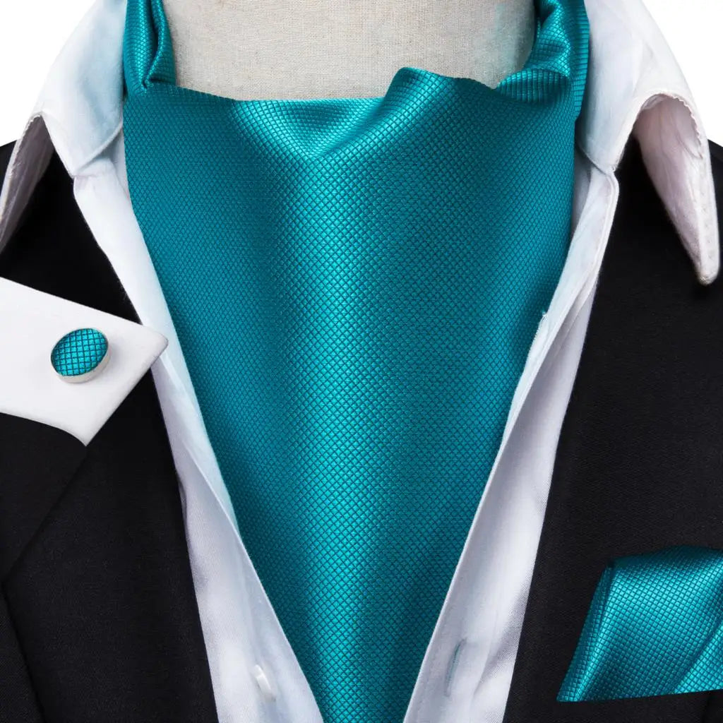 Hi-Tie Mens Ascot Black Pink Blue Red Gold Green Purple White Cravat Tie Hanky Cufflinks for Male Wedding Business Prom