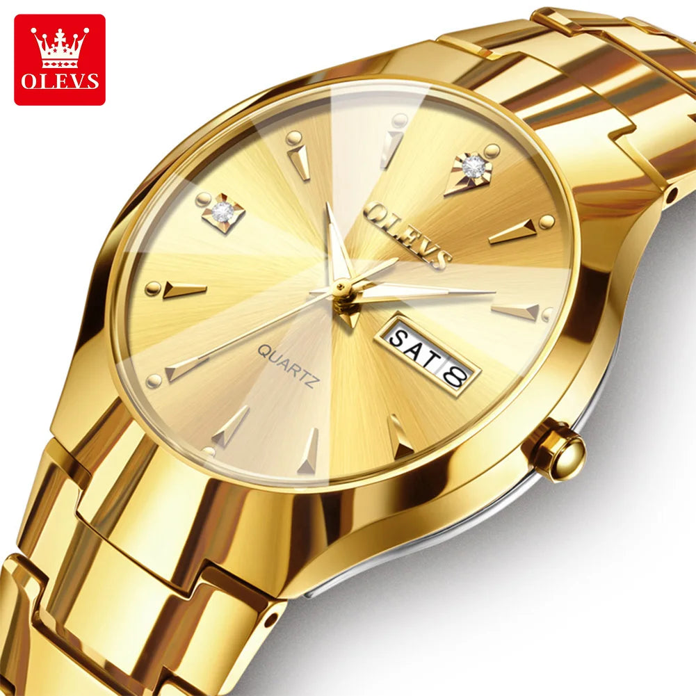 OLEVS Fashion Mens Watches Top Brand Luxury Tungsten Steel Gold Quartz Watch for Man Waterproof Luminous Date Week Wristwatch