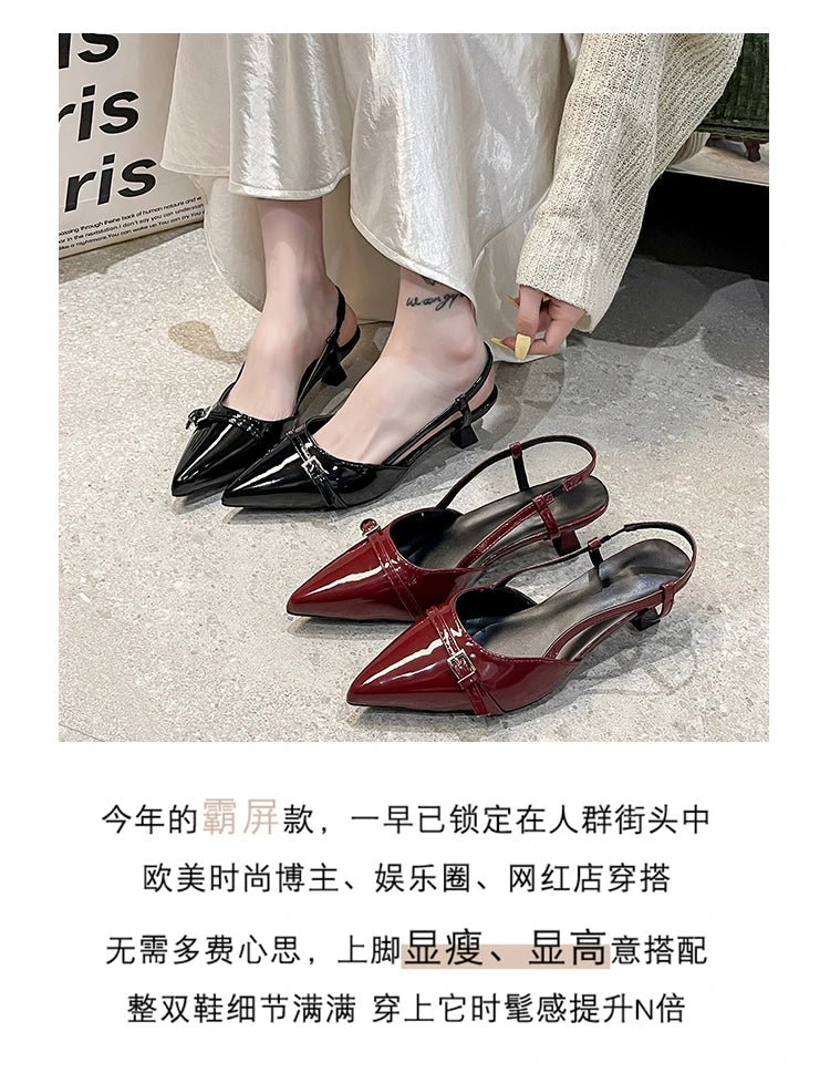 2026 New Summer Women's Dress Shoes Patent Leather Slip on Pointed Toe Sandals Buckle Slingbacks Mid Heels Pumps Sandalias Mujer