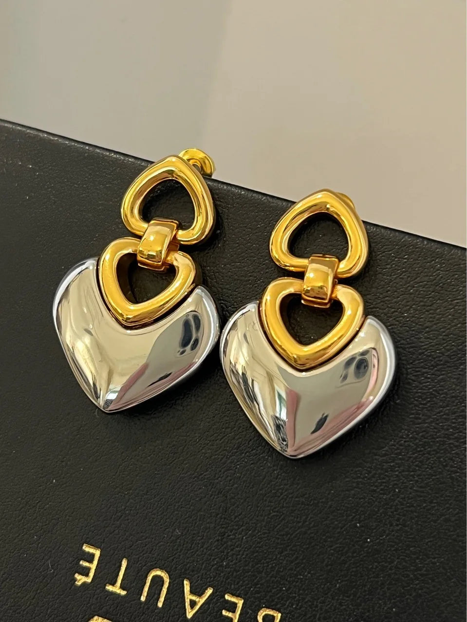 Brass Chunky 2 Tone Heart Drop Earrings Women Jewelry Punk Party T Show Gown Runway Korean Japan INS