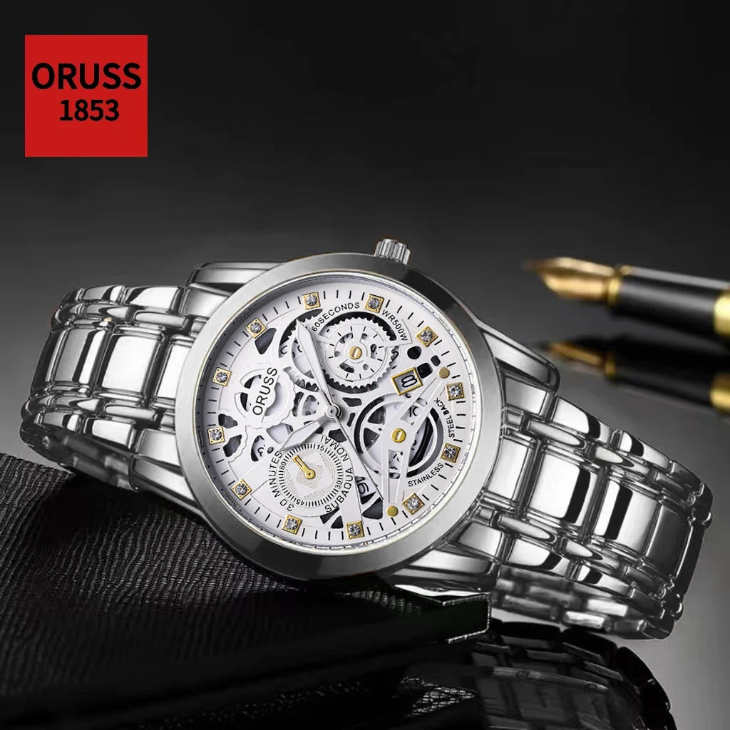 High-end personalized watches; fashionable stainless steel straps; durable and waterproof; hollow gear style; cool and trendy.