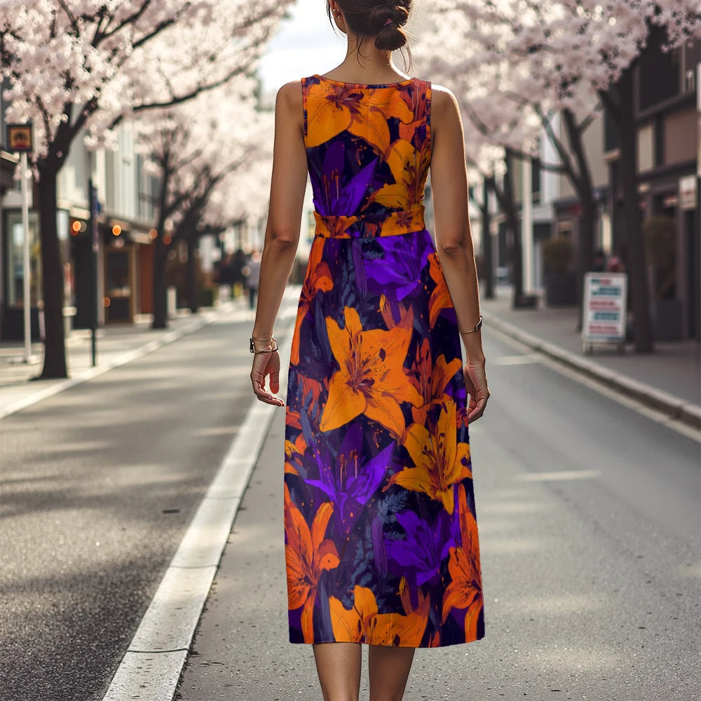 Elegant Floral Dress for Women Breathable A-Line Sleeveless Dress Chic Blue & White with Pink Blooms Office To Vacation Dress