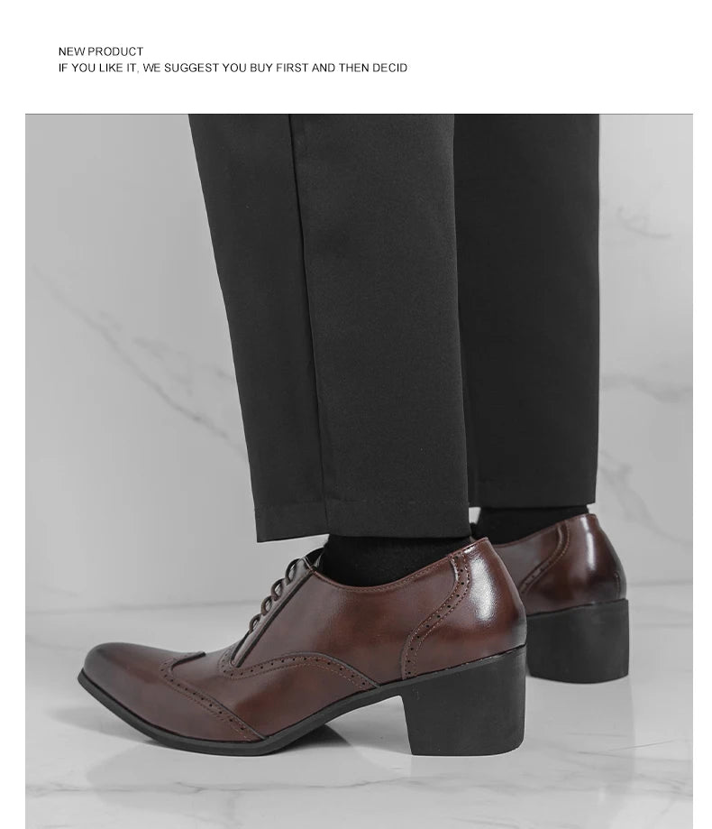 Men's High Heel Business Leather Shoes Mens Pointed Toe Dress Office Flats Men Fashion Wedding Party Oxfords Plus Size 38-46