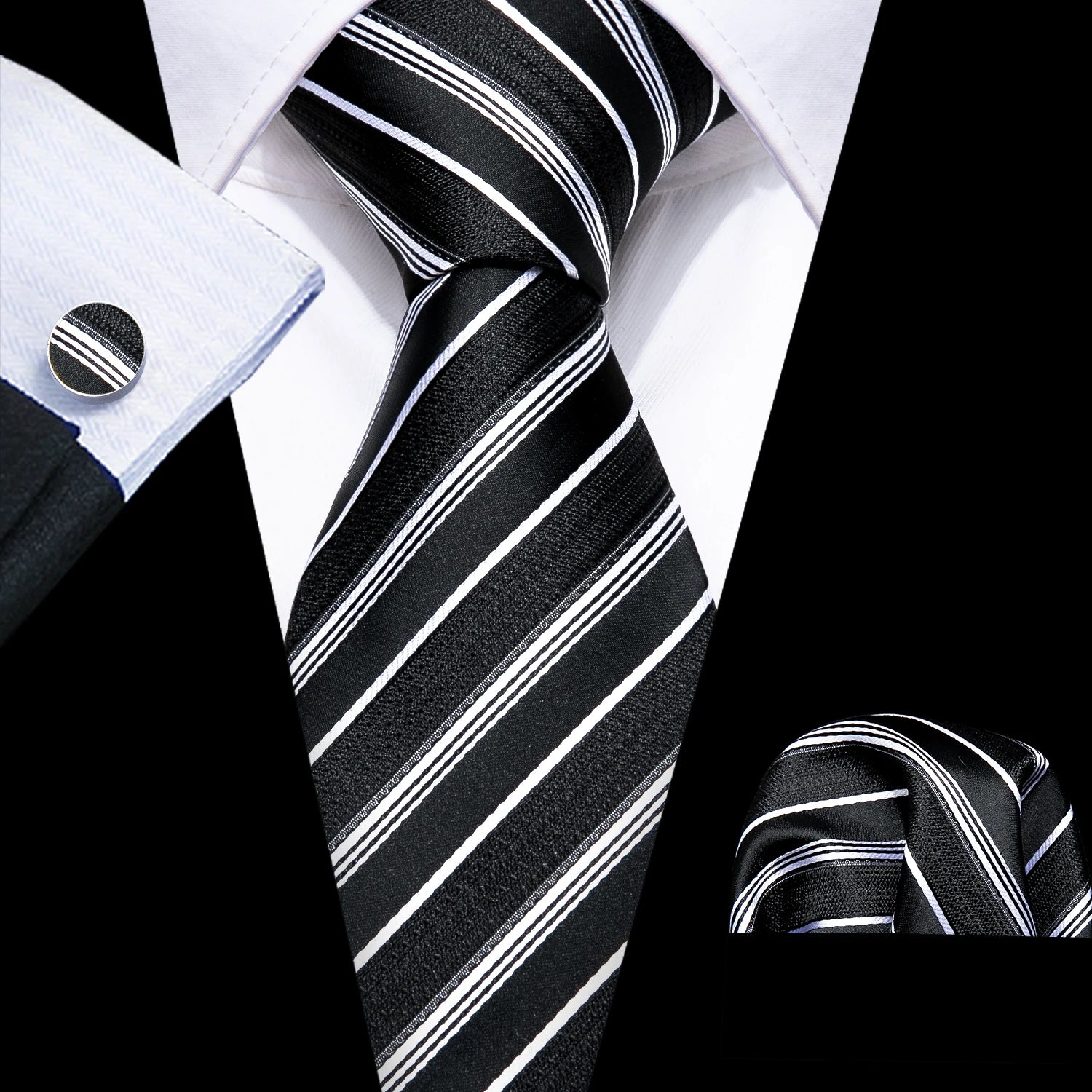 Male Luxury Neck Tie For Men Business Red Striped Tie Hanky Cufflinks Set Neckwear Wedding Party Casual