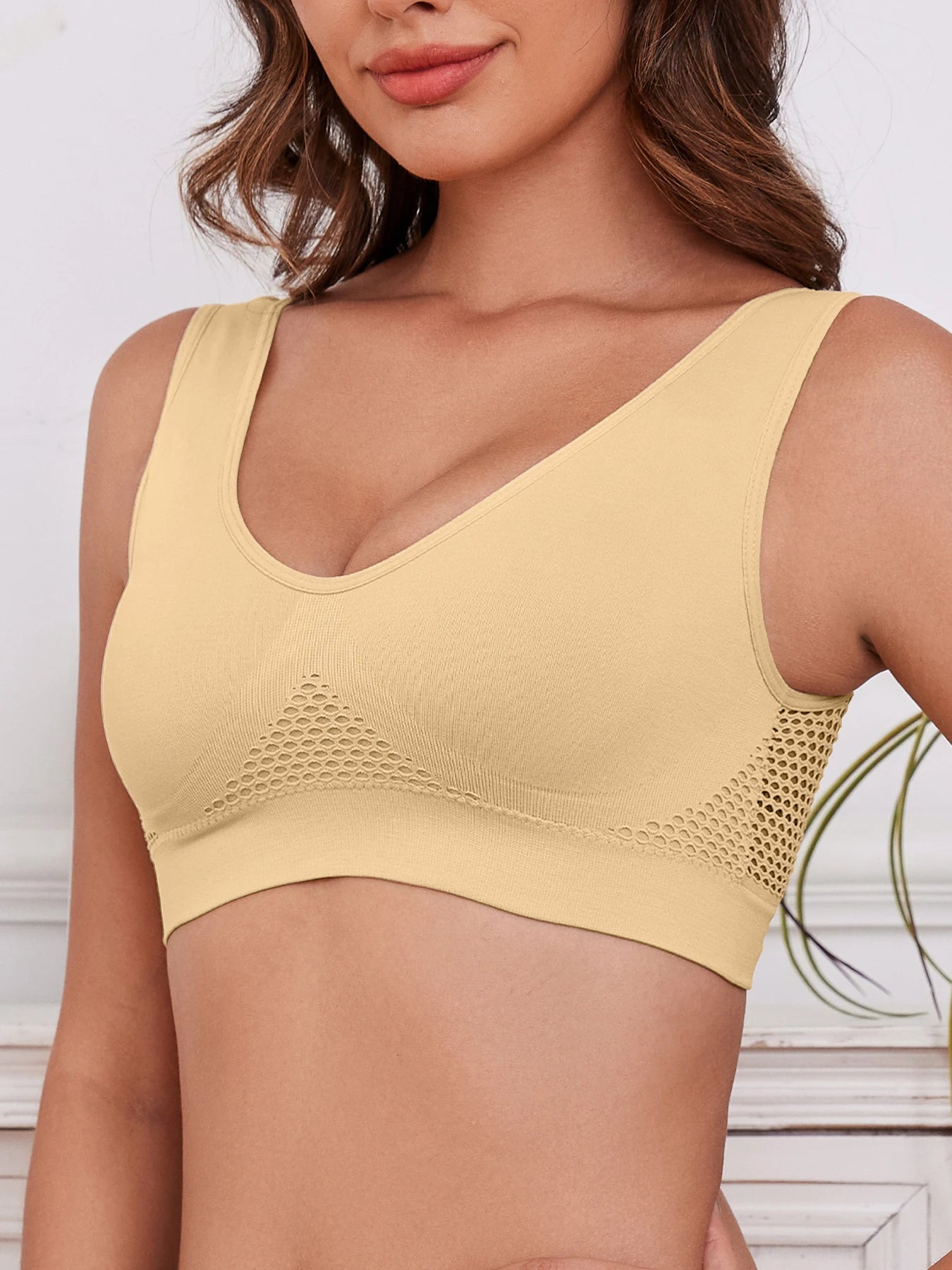 Women's Sports Bra Crop Top Fitness Gym Runing Sportswear Wireless Hollow Mesh Yoga Bra Sports Underwear Push Up@W03